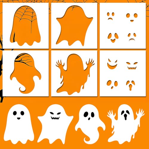 6Pcs Large Halloween Stencils, Cute Ghost Face Stencil for Painting on Wood Doormat Wall Yard DIY Craft