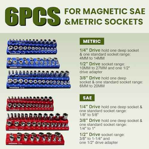Magnetic Socket Organizer Set, 6 Pcs Red SAE and Blue Metric Socket Tray Set for 1/4", 3/8" & 1/2" Sizes Drive, Socket Holder Holds 143 Sockets for Tool Box