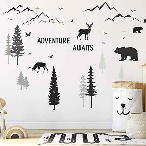 Tenare Dreamy Forest Wall Decals with Pine Tree, Animal Deer, Mountain & Inspirational Quote - DIY Wall Stickers for Kids' Room, Living Room, Bedroom (Simple Style)