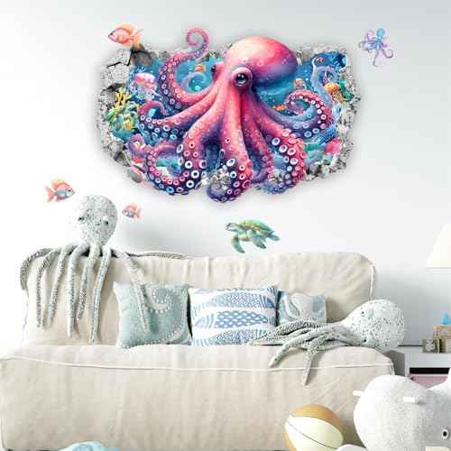 Octopus 3D Ocean Animal Wall Stickers - Sea Life Wall Decals for Kids Room & Bedroom Decor