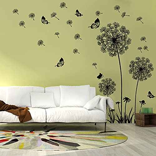 Black Dandelion Wall Stickers Flower Butterflies Flying Wall Decal, Removable Walls Art Stickers for Bedroom Living Room Sofa Backdrop TV Decoration
