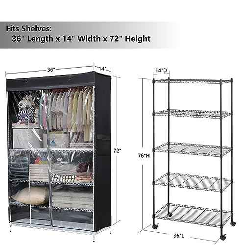 Macoda Storage Shelf Cover Wire Rack Shelving Dust Protective, Storage Shelving Unit Protector See Through, Fits Racks 14" D x 36" W x 72" H One Side See Through Panel (Cover only)