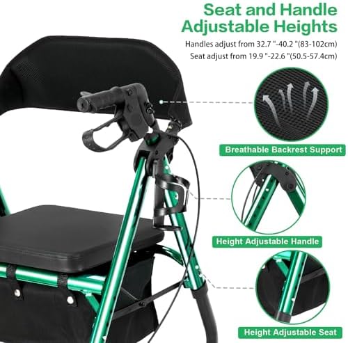 Amblisss Walkers for Seniors with Seat, Foldable Rollator Walkers, 300 lbs Weight Capacity, 8" Wheels Dual Height Ajustable, Rolling Walker with Seat for All-Terrain, Green