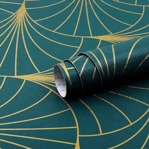 Safiyya 118"x17.3" Wallpaper Gold and Teal Blue Peel and Stick Wallpaper Geometric Stripe Contact Paper Self Adhesive Removable Wallpaper Modern Boho Contact Paper for Walls Covering Vinyl Rolls