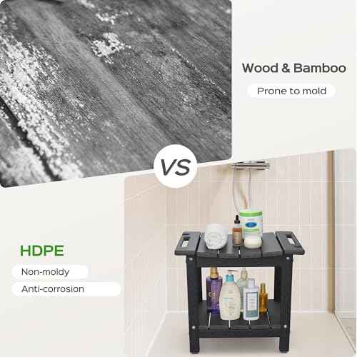 LyriFine Shower Bench - HDPE Waterproof Shower Bench for Inside Shower, 18.7" Shower Stool with Shower Head Holder, 350lbs Shower Seat with Storage Shelf, Shower Chair for Bathroom Indoor Outdoor Use