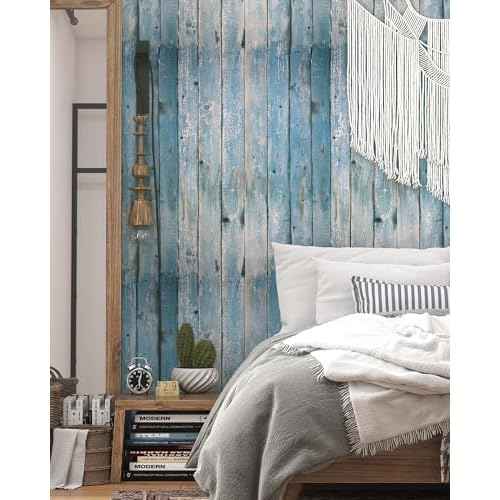 Blue Distressed Wood Wallpaper Vintage 17.3"x78.8" Blue Wood Wallpapers Rustic Wood Grain Contact Paper Peel and Stick Wallpaper Wood Plank Film Self Adhesive Removable Wall Paper Shiplap for Cabinets
