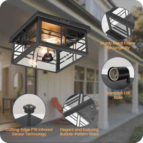 Infrared Sensor Outdoor Ceiling Light, Flush Mount Motion Sensor Ceiling Light, 2-Light Black with Bubble Glass, Bulbs Not Included, 3 Modes, for Porch, Garage, Hallway, Patio,BQ08XD05W1