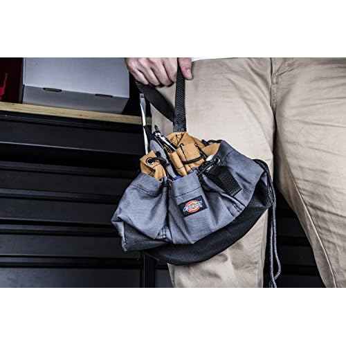 Dickies 12-Pocket Drawstring Work/Tool Bag, Heavy-Duty Drawstrings for Quick-Closure, Snap-Secured Tape Strap, Durable Canvas Construction, Grey/Tan