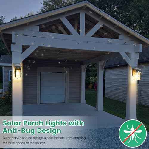 2 Pack Solar Porch Lights Outdoor, Dusk to Dawn & Motion Sensor Wall Light with Lantern Shape, 3 Modes IP65 Waterproof, E26 Bulb Exterior Sconce for Front Porch, Garage, Patio Security