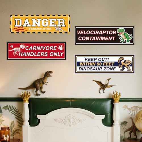 Glow in The Dark Dinosaur Wall Stickers, Dangerous Dinosaur Attacks Warning Wall Decals for Dino Areas, Velociraptor Fence Warning Ceiling Decor, Boys Kids Bedroom Home School Nursery Party Supplies