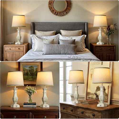 ROTTOGOON Dimmable Table Lamps Set of 2, Rustic Farmhouse Table Lamps for Living Room Bedroom, Bedside Desk Lamps for End Tables, Touch Lamps for Nightstand, 9W Bulbs Included, 22", Antique White