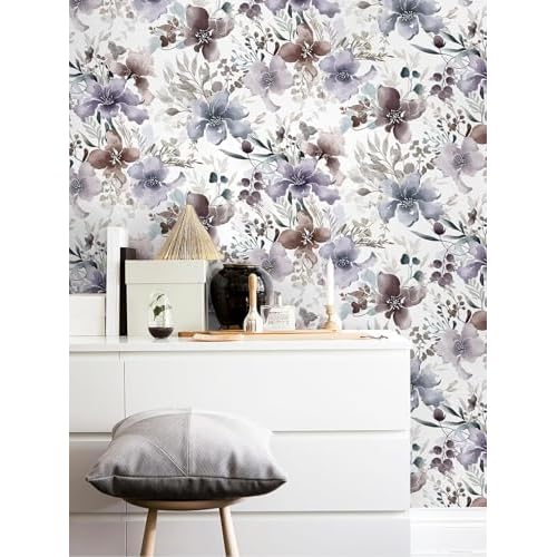 GloryTik Floral Wallpaper Purple Peel and Stick Wallpaper Boho Wall Paper Floral Contact Paper Removable Bathroom wallpapr Self Adhesive Wallpapr for Bedroom Cabinets Decor Vinyl 17.3"X118"