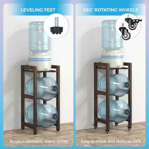 3-Tier 5 Gallon Water Jug Holder with Top Shelf ? 4 Metal Wheels or Adjustable Feet ? Natural Hardwood Water Dispenser Floor Stand ? Wooden Organizer for Kitchen, Office, Garage ? Space-Saving Design