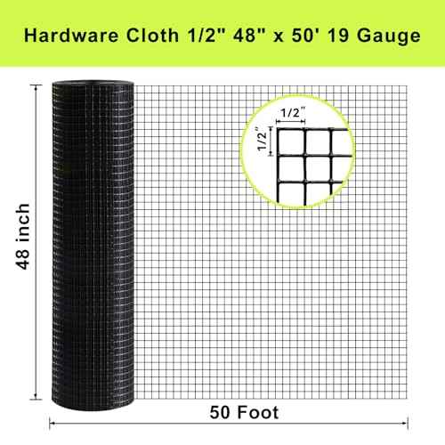 Black Hardware Cloth 48'' x 50' 1/2 inch Mesh 19 Gauge - PVC Coating Wire Mesh Rolls Vinyl Coated Wire Fence Roll Garden Fencing Chicken Run Mesh Screen