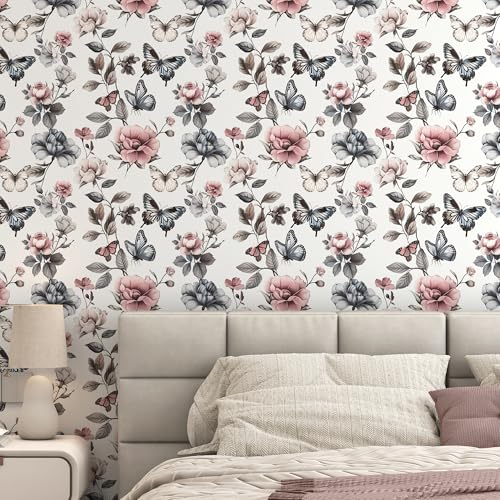 Floral Wallpaper Peel and Stick Wallpaper 17.3"x78.8" Boho Contact Paper for Cabinets and Drawers Colorful Self Adhesive Removable Wall Paper for Bedroom Butterfly Flower Wallpapers Vinyl Roll