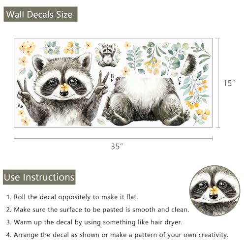 Yovkky Lovely Raccoon Wall Decals Stickers, Woodland Animals Flower Leaves Toddler Baby Nursery Decor, Forest Home Decorations Kids Bedroom Playing Room Classroom Art