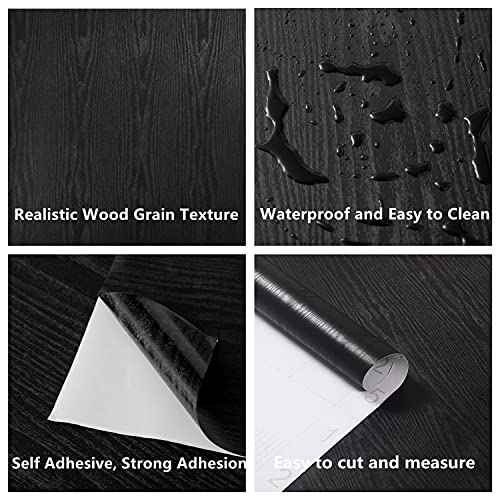 Black Wallpaper Wood Peel and Stick Self Adhesive Film Black Adhesive Paper Countertop Furniture Kitchen Wall Waterproof Removable Self Stick Vinyl Thickening Upgrade 15.8" x118"