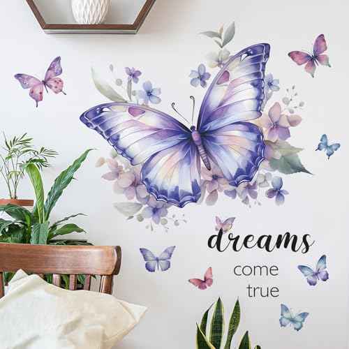 Purple Butterfly Wall Decals Removable Butterfly Flower Wall Stickers Peel and Stick Butterflies Wall Decor Stickers for Kids Girls Bedroom Nursery Bathroom Decorations VA-G006