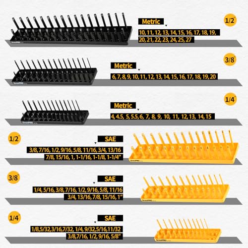 7PCS Socket Organizer Tray Set with Mini Folding Tray, Yellow & Black Magnetic Socket Holder for 1/4", 3/8", 1/2" Drive Metric and SAE Sockets