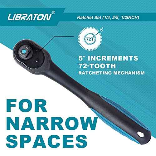 LIBRATON Ratchet Handle, 3 PCS 1/4", 3/8", 1/2" Heavy Duty Drive Ratchet Socket Wrench with Quick-Release Head, 72 Teeth, Reversible Design, Comfort Grip for Car Repair, EVA Organizer