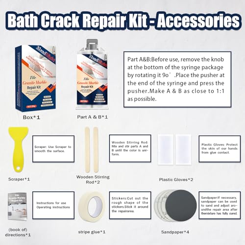 Porcelain & Fiberglass Repair Kit - Tub, Tile, Shower, Bathtub Repair Kit for Ceramic, Marble, Quartz, Granite - Waterproof & Leak-Proof Fix Cracks, Holes, Scratches, Dents (White)