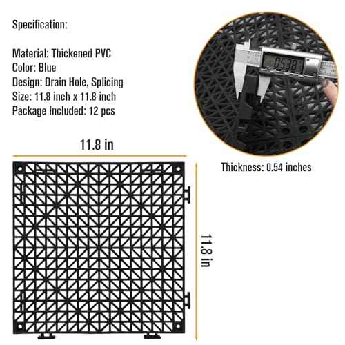 12 Pcs Drainage Mat Modular Interlocking Cushion 11.8" x 11.8" Garage Floor Tiles Non-Slip Splicing Rubber Floor Tiles for Drain, Deck, Pool, Outdoor/Indoor (Black)