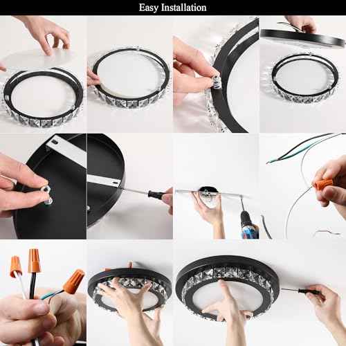 Dimmable LED Flush Mount Ceiling Light Fixture with Remote Control,12Inch 24W 3000K-6500K Color Adjustable,Modern Black Crystal Flush Mount Chandelier Ceiling Lamp for Bedroom Kitchen