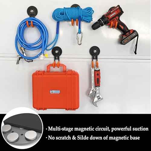 ULIBERMAGNET Garage Magnetic Hooks, 4 Pack Black Heavy Duty Large J Hooks with Magnet, Black Strong Anti-Slip Coating Magnet Hooks for Garden Tools, Ropes,Drill,Metal Cabinet,Pegboard