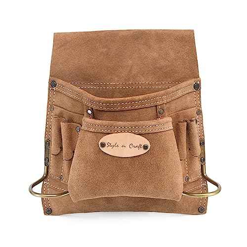 Style n Craft 8-Pocket Carpenter¡¯s Nail and Tool Pouch, Heavy-Duty Suede Leather Tool Pouch, Dark Tan (88823)