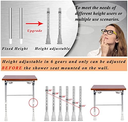 Folding Shower Seat Wall Mounted with Legs, Shower Seat Benches Stool Chair for Inside Shower, Fold Down Shower Seat for Seniors Small Shower Space, Foldable Fold up Waterproof Wood Height Adjustable