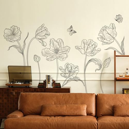Creative 3D Black Flower Wall Decals Boho 8 Tulip Flowers Wall Stickers DIY Peel and Stick Sketch Simple Line Garden Floral Plants Wall Decor for Kids Girls Bedroom Living Room Nursery Decoration