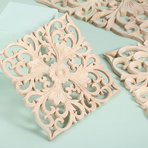 MUXSAM Square Wood Carved Onlays Appliques, Unpainted Ornate Wooden Carvings Center Decals for Closet Door Cabinet Drawer Wall Ceilling Dresser Wardrobe Furniture DIY Decor(2-Pack, 12cm/4.7")