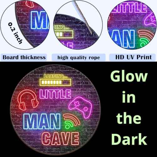 Little Man Cave Sign, Boys Teenage Room Hanging Wall Art Decoration,Gift, Playroom Nursery Decor for Game Lover Gamer Wall Decor 12¡Èx 12¡ÈGlow in the Dark