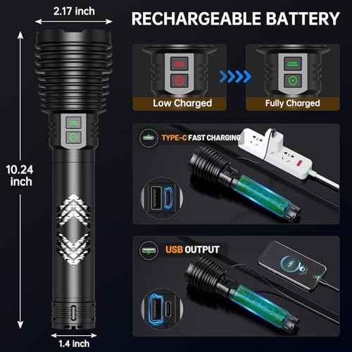 Rechargeable Flashlights 6000.000 High Lumens, Super Bright LED Flashlight with Long Handle, Large Capacity Battery, Zoomable & 6 Modes, Waterproof Handheld Flashlight for Camping Emergencies Home