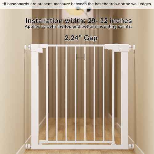29-32" Metal Baby Gate for Stairs/Doorways, 30" Tall Pressure Mounted Pet Gates, Auto-Close Child Safety Gate, No Drilling Easy Walk-Through Dog Gate Indoor, White