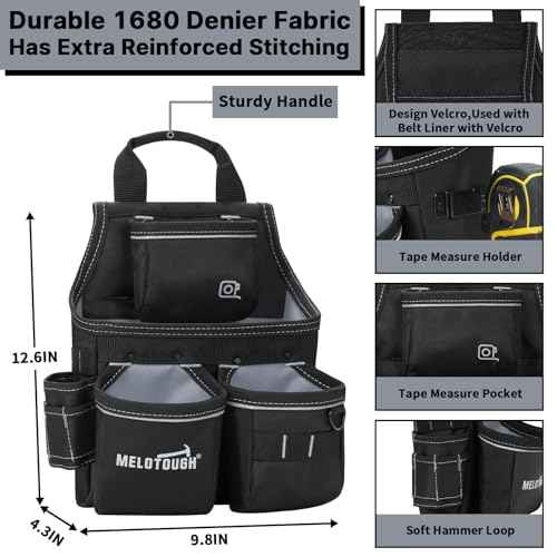 MELOTOUGH Electrician Tool Pouch with Belt,13 Pocket-Tool Bag,Carpenter Tool Pouch,Small Tool Belt Pouch Designed for Electrician,Carpenter,Construction,Black