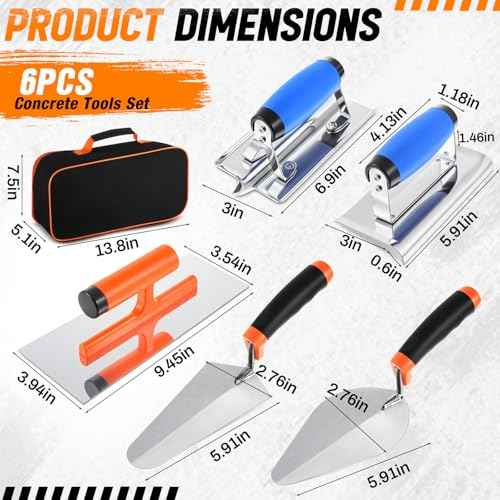 6pcs Concrete Hand Tools Set Masonry Tools Includes Stainless Steel Concrete Hand Edger, Groover, Finishing, Pointing, Gauging and Tool Bag for Cement Beginner Kit