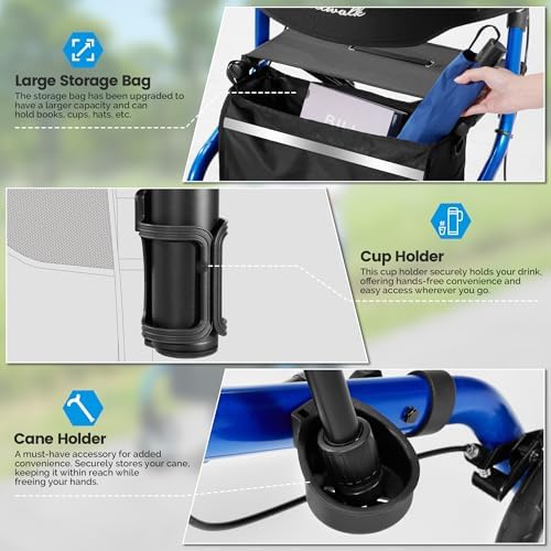Super Lightweight Rollator Walker for Seniors, Foldable Rolling Walker with Seat and 8" Rubber Wheels for All Terrain, Upgraded Height Adjustment Button with Cup Holder, Blue