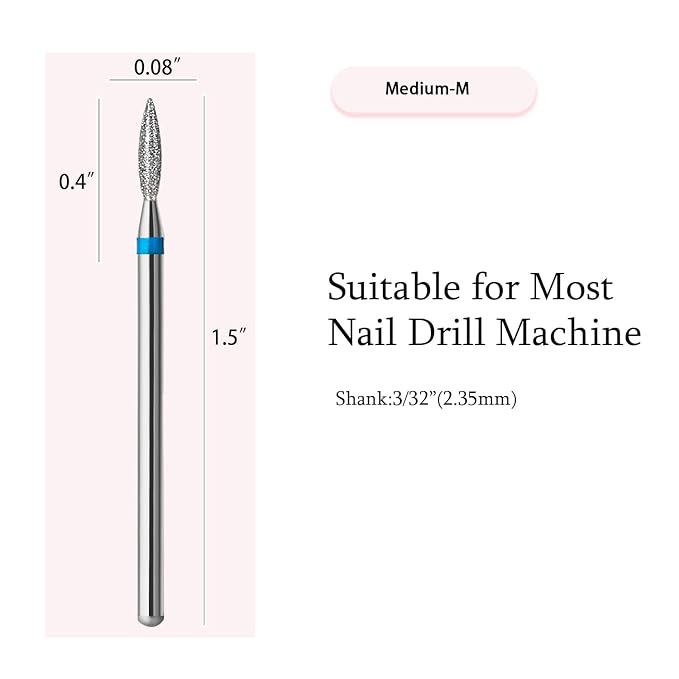 10pcs Diamond Flame Cuticle Drill Bits Set, Professional Cuticle Nail Drill Bits for Dead Skin 3/32'' Nails Dry Manicure Pedicure Shape Remove Nail Salon Tools (Medium-M)