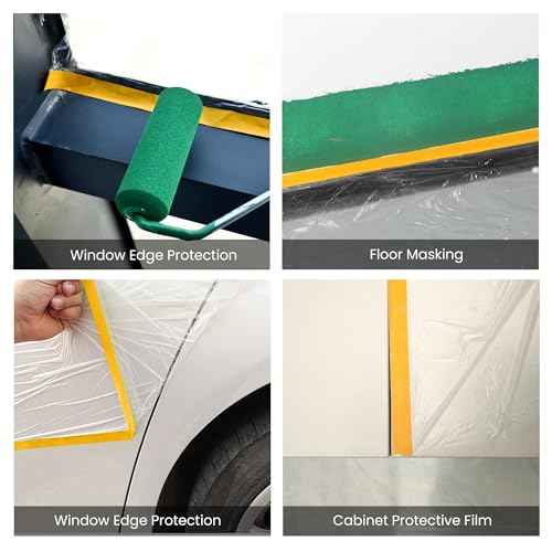 Voomey Pre-Taped Masking Film, Painters Tape with Plastic Attached, Automotive Painters Tape and Drape for Appliances, Furniture, Wood Surfaces & DIY Projects - 3ft x 82ft