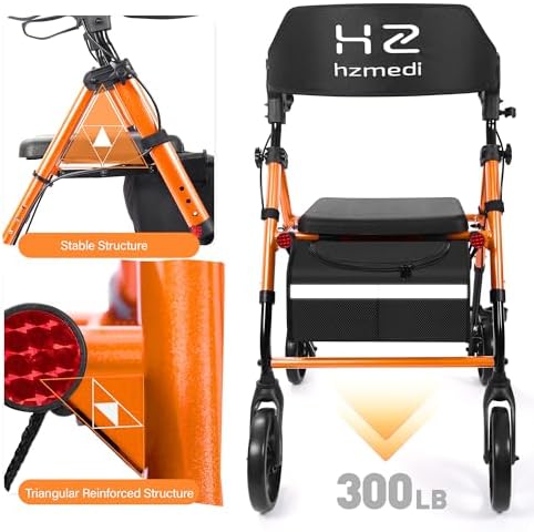 Walkers for Seniors with Seat, 8" Big Wheels Adult Lightweight Rollator with Backrest, Dual Adjustable Height Foldable Aluminium Medical Rolling Walker with Brakes| Deep Orange
