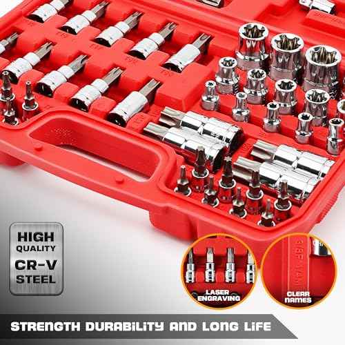 LLNDEI 53PCS Master Bit Socket Set 1/4 3/8 1/2-Inch and External Torx Sockets£¬Dr. 6p |Tamper Proof |E-Torx|Extra Long Spline Tip|Universal Socket,CR-V(T8-T70, TT8-TT70, E4-E24, M8-M14)