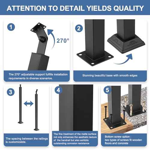 Yolanda 4pcs Black Railing Post Kit, Metal Stair Post, Indoor Outdoor Metal Deck Railing Sprindles, 270¡Æ Adjustable for Porch, Concrete, Wooden Steps (33.46IN)
