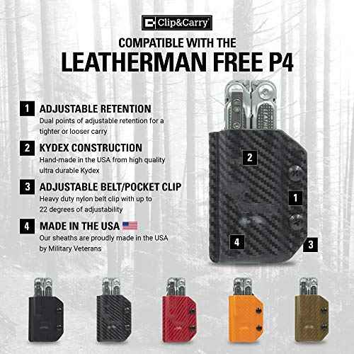 Clip & Carry Kydex Multitool Sheath for LEATHERMAN Free P4 - Made in USA (Multi-Tool not Included) EDC Multi Tool Holder Holster Cover