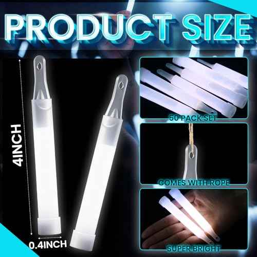 Soulchen 50 Pack White Glow Sticks 4" Bright Emergency Glow Sticks Bulk with 8-12 Hours for Use As Emergency Flares and Hiking Safety Gear or Concerts Weddings Raves Carnivals Parties Decor Events