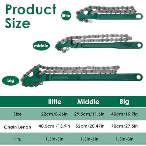 3 Pcs Heavy Duty Chain Wrench Set, 9" 12" 16" Adjustable Steel Oil Filter Wrench for Pipe Fittings Car Repair Shower Head Valve (Fits 1.5-8in Dia. Pipe)