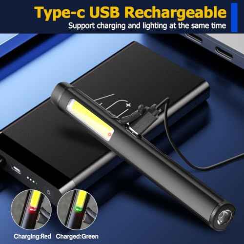 2pcs Pen Flashlight - Led Rechargeable Bright Pen Light with 365nm UV Black Light Pocket Flashlight with Clip Small Magnets EDC COB Torch for Emergency Repair Outdoor Camping