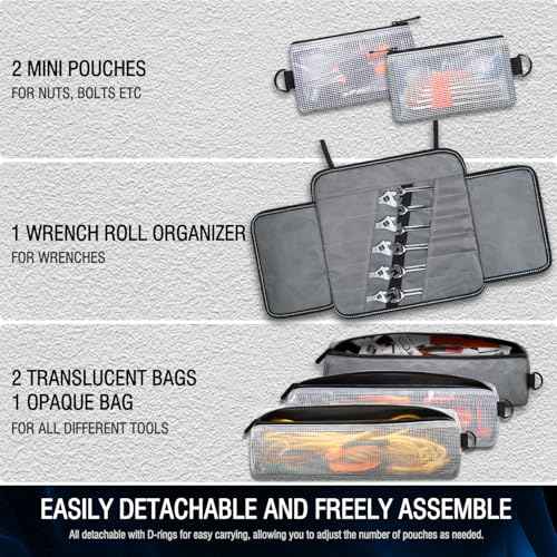 Tool Bag Roll Up Tool Organizer Bag Roll Up Tool Bag Organizer Tool Roll Bag with Small Detachable Tool Bags and Wrench Roll Up Pouch, Gifts for Men, Mechanic, Electrician, Grey