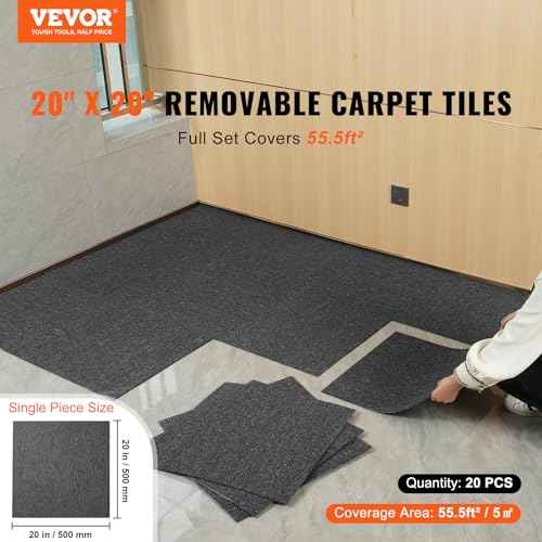 VEVOR Carpet Tiles Reusable, 20"x 20" Carpet Squares with Padding Attached, Soft Padded Carpet Tiles, Easy Install DIY for Bedroom Living Room Indoor Outdoor (20 Tiles, Dark Gray), (55.5 sqft/Box)