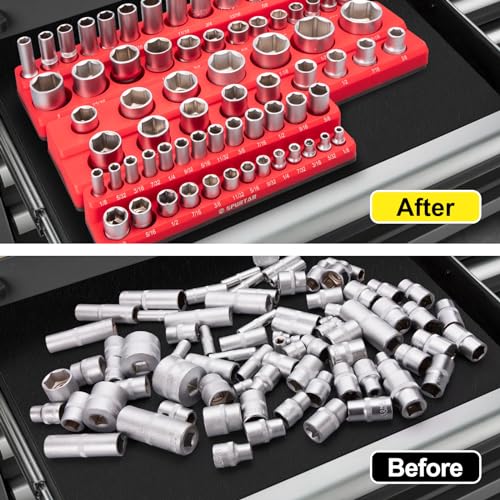 Spurtar Magnetic Socket Organizer 6Pcs, Metric and SAE Magnetic Socket Holder Includes 1/4", 3/8", 1/2" Drive Metric SAE Socket Organizer for Tool Box Drawer, Holds 143 Standard and Deep Size